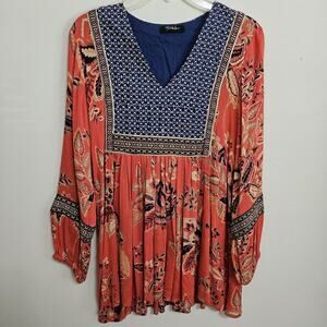 Anthropologie RD & Koko Embroidered Top Puff Sleeve Boho Hippie Orange Blue Med